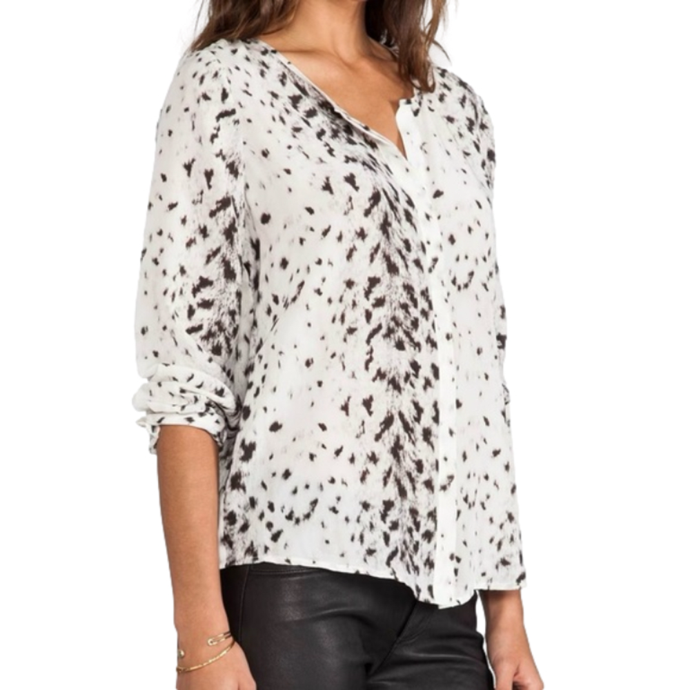 Joie Snow Leopard Print Silk Purine Blouse in New Moon, Size Small - Picture 2 of 9